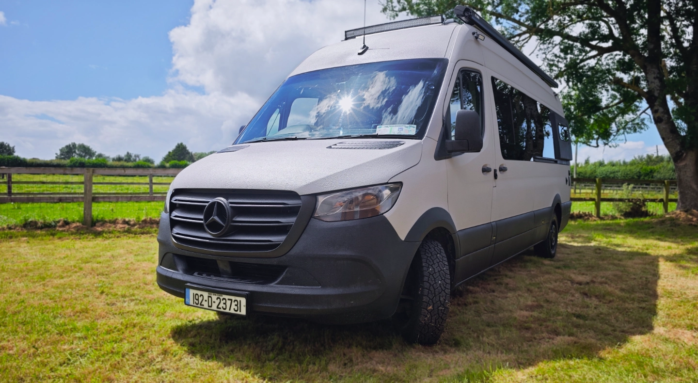 Side front view of the Lone Wolf 4-berth off-grid campervan in Ireland